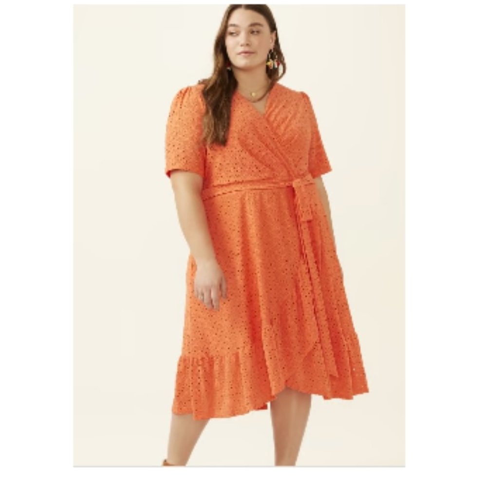 NWT dia.com ADORNE "Paulina" Sz 20W Coral Eyelet Wrap Dress Short-Sleeve Midi